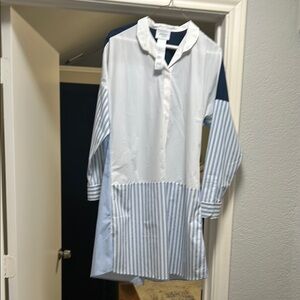 Akris Punto White and Blue Striped Shirt Dress